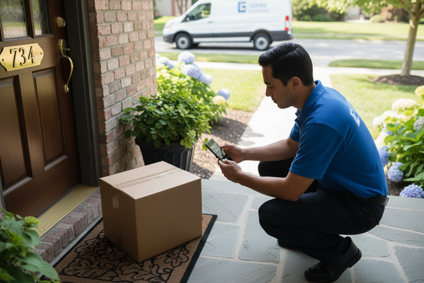 courier taking a picture of package at the door 