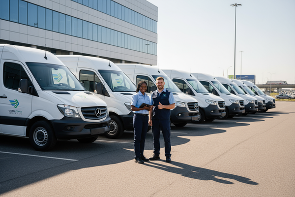 fleet of vehicles cargo vans and sprinters with two drivers infront 