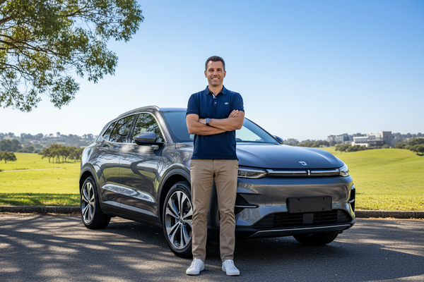guy in front of a suv with polo shirt 