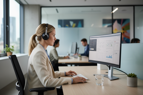 white women with an headset at a desk looking at a computer